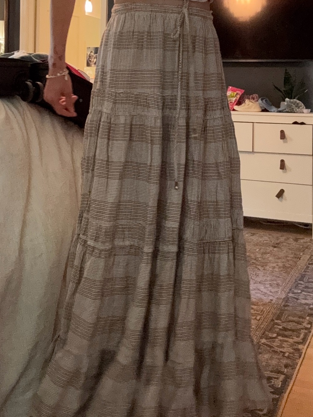 Free People Beige Plaid Tiered Maxi Skirt crop top set - Picture 5 of 10
